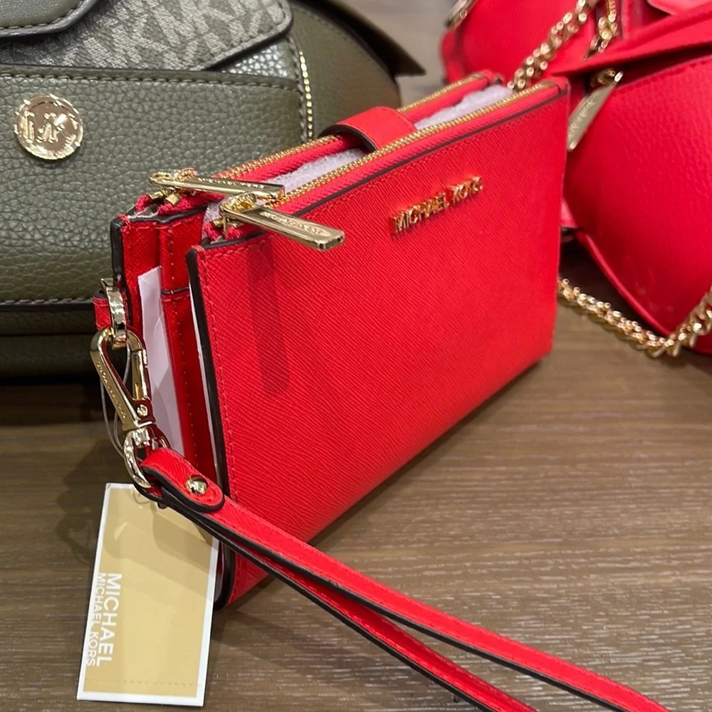 Michael Kors Jet Set Travel Large Double Zip Leather Wristlet phone holder NWT